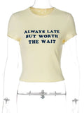 Woman Clothing Letter Print Short T-shirts Y2K Streetwear 2026 Summer O-neck Slim Fit Crop Tops Vacation Beach Tees Light Yellow