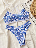 Floral Printed Cross Back Bikini Women Swimwear Female Swimsuit Two-pieces Bikini set Brazilian Bather Bathing Suit Swim K6705