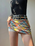 Plaid Double Waistband A-line Short Skirt  Women American Style Street High Waist Casual Collision Color Wrap Hip Skirt OJR7