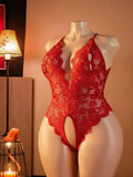 Erotic Hot women Plus Size Lace Halter Teddy Bodysuit Crotchless Criss-Cross Back Deep V Neck Open Crotch sexy Lingerie 1XL-4XL