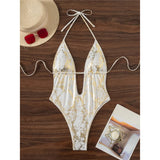 2025 Snake Skin Deep V Neck Backless One Piece Swimsuit Women Swimwear Female Halter High Leg Cut Bather Bathing Suit Swim K7412