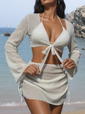 4 Pieces Halter String Bikinis 2026 Tops & Skirt Solid Swimwear Female Sexy Swimsuit Women Bathers Bathing Swimming Swim Suit