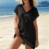 New V Neck Short Sleeve Solid Crochet Knitted Tunic Beach Cover Up Cover-ups Beach Dress Beach Wear Beachwear Female Women V7914