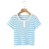 Blue And White Striped Henley Neck Knit Top Casual Short Sleeve Ribbed T Shirt For Women Summer Daily Wear Casual Fashion VGK2
