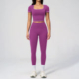 2PC Color Contrast Yoga Suit Women Short Sleeve Square Collar Slim Sports Top Fitness Suits Outdoor Exercise Leggings Tracksuit