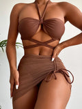 3 PCS Mesh Skirt Halter Wrap Around Bikini Female Swimsuit Women Swimwear Three-pieces Bikini Set Bathing Suit Swim Beachwear