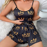 Summer Y2K Cute Cartoon Crown Print Sleepwear Women 2Pcs Crop Top and Shorts Pajamas Set Loungewear Sexy Pyjamas