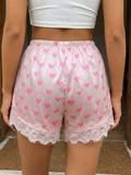 Summer Women’s Satin Lace Hem Shorts Elastic Waist Loose Fit Wide Leg Short Pants Casual Lounge Bottoms Solid Color