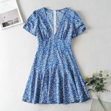 Foridol Blue Floral Print Summer Beach Dress Women Casual Holiday Short Sleeve Dress Boho Sundress Vestidos Fashion Clothes