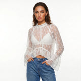 Womens Lace Floral Sheer Blouse Flare Long Sleeve Mock Neck Ruffle Peplum Hem Cropped Shirts Elegant Sexy Cover-ups Tops