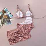 Sexy Patch flower Metallic Pink Irregular Swimsuits Bikinis Sets Two Pieces with Mini Split Skirt Swimsuit Bathing Suit Biquini