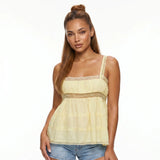 Women's Solid Color Babydoll Tank Tops Summer Stylish Lace Trim Loose Hem Square Neck Spaghetti Strap Sleeveless Camisoles