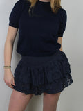 Shirred Mini Skirt A-Line Pointelle High Waist Layered Ruffle Skirt for Women 2024 Summer Solid Color Sweet Skirts