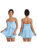 Women's Summer Solid Color Romper Dress Sleeveless Tie Spaghetti Strap Ruffle Jumpsuit Shorts Playsuit