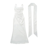 Pure Desire Style Collarbone-revealing Strapless Long Dress Feminine And Slim-fitting With Pleated Waist Tie Straps Bodycon LWIO