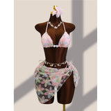 With Sarong Flower Printed Halter Bikini Female Swimsuit Women Swimwear Three-pieces Bikini set Bather Bathing Suit Swim V8321