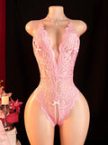 Hot Lingerie Sexy Bodysuit Open Crotch Adult See Through Clothes Perspective Lace Pajamas One Piece Crotchless Teddy BabyDoll