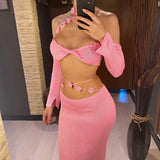 Sexy Knitted Sling Long Skirts Woman's Set Casual Slim Solid Lace Up Tube Tops Slit Skirt Sets Female Summer Beach Dress V6187