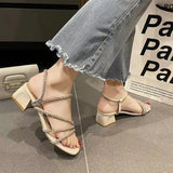 Fairy Style Rhinestone Thick Heel Sandals Women's Summer Versatile Square Head Skirt One Strap Two Wear Slip-On Shoes