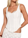 Women's Summer Solid Color Slim Tank Tops Lace Trim Scoop Neck Curved Hemline Corset Vest Streetwear