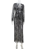 Ahagaga Sexy Club Dresses For Women Lace Solid Sheath Rehular Long Sleeves V-Neck Sheer Slim Fit Maxi Bodycon Female Vestidos