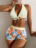 2026 Summer Women's Print Patchwork Swimsuit Sexy Deep V Neck Back Lace-up Swimwear High Waist Shorts Tankini Bathing Suit Beach