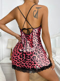 Women's Sleepwear Nighties Summer Sexy Leopard Printed Lace Trim Nightdress V Neck Backless Side Split Slip Pajamas