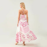 Women's Summer Floral Print Bohemian Long Dress Stylish Lace Patchwork Ruffled Trim Spaghetti Strap V Neck A-Line Dress