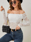 European and American elegant scalloped neckline, off-the-shoulder lace slim fit T-shirt long-sleeved top