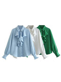 Foridol Ruffles Folds Light Blue Office Lady Satin Shirt Blouse Long Sleeve Spring Fashion Solid Button Up Blusa Autumn 2025