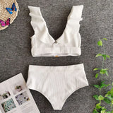 2026 New Sexy Bikini Women White Swimwear Swimsuit Ruffle V-neck Metal Buckle High Waist Beach Bikinis Set Bathing Suit Push Up