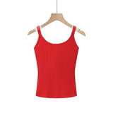 Fashion Solid Color Thin Strap Floral Chest Pad Women White Ribbed Top With Sleeveless Slim Fit Casual Summer Top Charming 3N4J