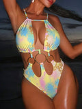 Snake Skin Halter Hollow Out Metal Rings Female Swimwear One Piece Swimsuit Women Monokini High Leg Cut Bather Bathing Suit Swim