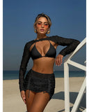 Toucheart Sexy Lingerie Suit for Women Mesh Four-piece Beach Swimsuit Sexy Bikini Solid Color Long Sleeves Mesh See-through Set