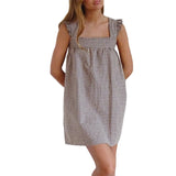 Summer Mini Plaid Print A line Dress for Women Sleeveless Ruffle Trim Square Neck Loose Fitting Cami Dress With Pocket
