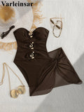 XS - L 6 Colors One Piece Swimsuit Female With Skirt Cut Out Women Swimwear Bandeau Metal Ring Bather Bathing Suit Swim V8108