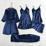 5 Pcs/Set Silky Satin Women Pajamas Set Nightgown Nightdress Top Shorts Pants Set Lace Patchwork Loose Thin Women Sleepwear