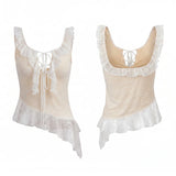 Women Flounce Vest Lace Jacquard Square Neck Tie-up Tank Tops Backless Sleeveless Slim Fit Retro Blouses for Party Club