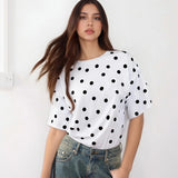 Women Dots Print T-shirs Crew Neck Short Sleeve Summer Loose Vintage Tops for Casual Daily