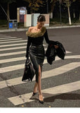 Sexy One Step Split PU Leather Half Skirt For Women's New High Waisted Slim Streetwear Black PU Fashion Womne Mini Dress  YTM8