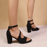 Elegant Ankle Buckle High Heel Sandals Women Black Flock Open Toe Block Heels Rome Sandals Woman Plus Size Bag Heel Party Shoes