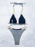 New Sexy Leopard Print Backless Swimsuit Halter Lace-up Swimwear Micro Bikini Set Chain Linked Beachwear Female Bathing Suits
