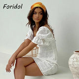 Foridol White Lace Summer Dress for Women Flower Embriodery Cotton Mini Dress Puff Sleeve Lace Up Ruffles Short Beach Dress