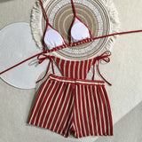 With Shorts Striped Halter Bikini Female Swimsuit Women Swimwear Three-Pieces Bikini Set Padded Bather Bathing Suit Swim V7159
