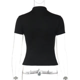 FDYOUI Fashion Stand Collar Button Hollow Out T-shirt for Women 2026 Sexy Short Sleeve Slim Cropped T Shirts Black Wine Red Tops