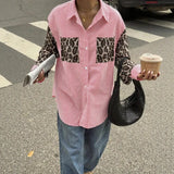 2026 New Women's Loose Casual Leopard Stripe Patchwork Long Sleeve Shirt with Pockets Turn Down Collar Blouse Top