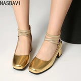 Metallic Silver Gold Women Mary Jane Pumps Square Toe Block Heel Crisscross Ankle Strap Back Zipper Elegant Party Dress Heels