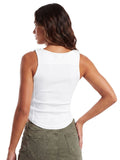 Women's Solid Color Ribbed Tank Tops Stylish Sleeveless Camisole with Metal Buckle Straps and Curved Hemline