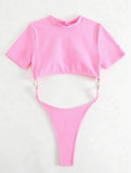 XS - L Mini Micro Thong Short Sleeve One Piece Swimsuit Women Female Swimwear Cut Cut Monokini High Cut Bathing Suit Swim Lady