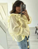 Women's Layered Bell Sleeve Blouse Yellow Ruffled Sheer Blouse V Neck Tie Front Long Sleeve Casual Top With Puffed Sleeves BLZW